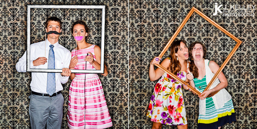 Props on a stick and picture frames used in a photo booth at a St. Louis, Mo Wedding Reception